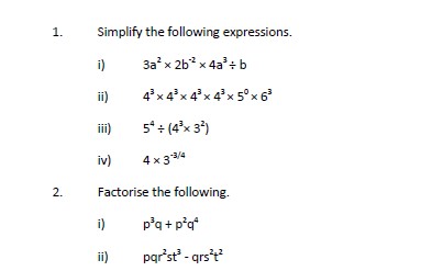 Simplifying expressions, factorising, LCM adn HCF, prime factors, rounding, standard form, algebra expressions and substitution, converting numbers from one base to another.